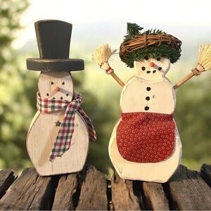 OOAK 8” Wooden Mr And Mrs Snowman Folk Art Primitive By Swank Made In USA Wood